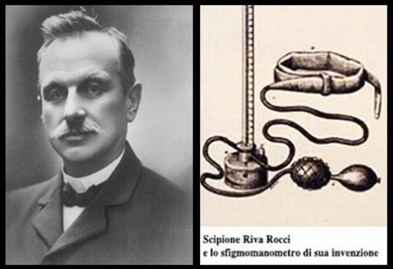 Сципионе Рива-Роччи (1863-1937). Как видите, манжета самого первого аппарат, слишком узкая. Впоследствии, расширив её, врачи стали получать более достоверные результаты.